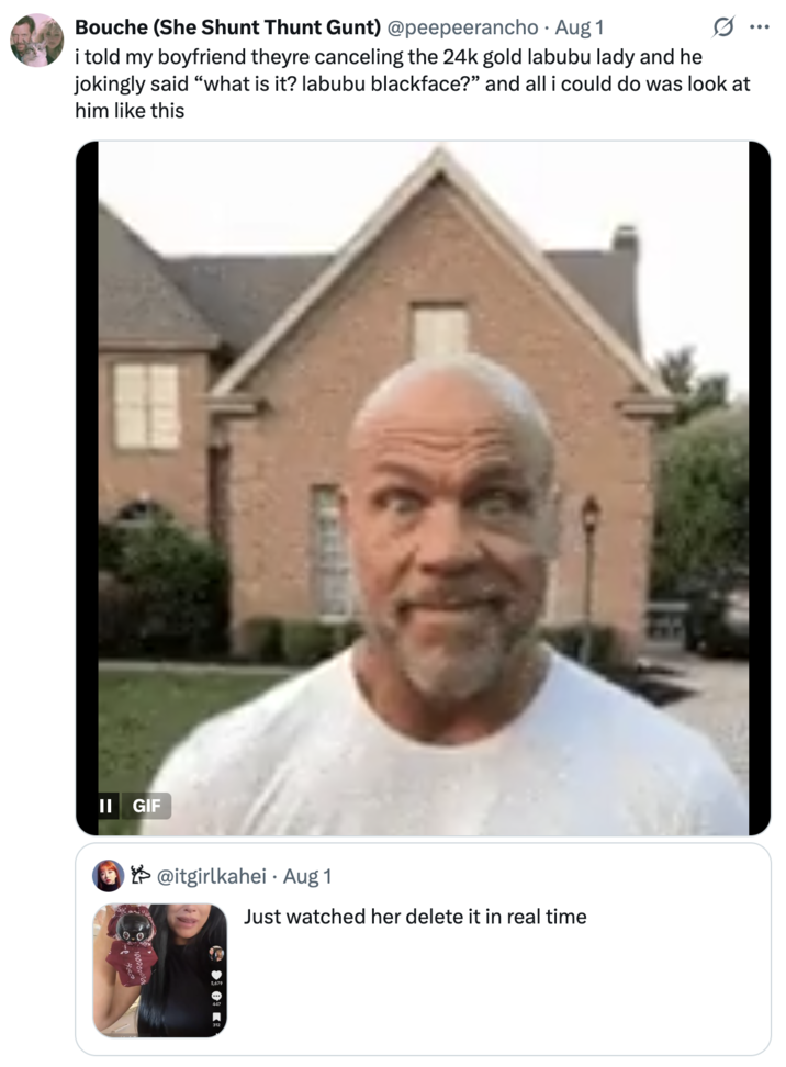 A "tweet":https://knowyourmeme.com/memes/sites/twitter-x about the Blackface KSI Labubu "video":https://knowyourmeme.com/memes/viral-videos from the woman who made the "24 Karat Gold Labubu":https://knowyourmeme.com/memes/24-karat-gold-labubu-la-bew-bew video.