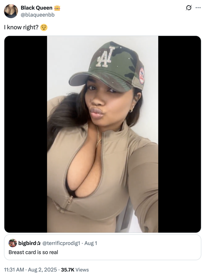I know right? 😌 A "quote-tweet":https://knowyourmeme.com/memes/quote-retweets-qrts of the "Breast card is so real" tweet, which led to interest in the "url:1951208513675329890" search on "Twitter / X":https://knowyourmeme.com/memes/sites/twitter-x.