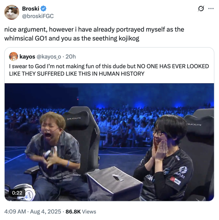A "quote-tweet":https://knowyourmeme.com/memes/quote-retweets-qrts of the Evo":https://knowyourmeme.com/memes/events/evolution-championship-series-evo 2025 clip of Koji screaming and freaking out after losing to GO1 in _Fatal Fury_.