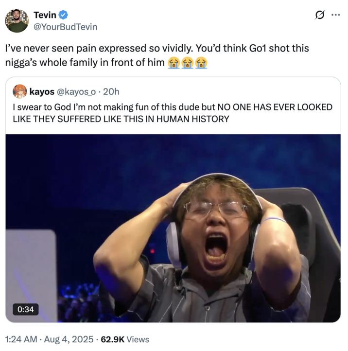 A "quote-tweet":https://knowyourmeme.com/memes/quote-retweets-qrts of the Evo":https://knowyourmeme.com/memes/events/evolution-championship-series-evo 2025 clip of Koji screaming and freaking out after losing to GO1 in _Fatal Fury_.