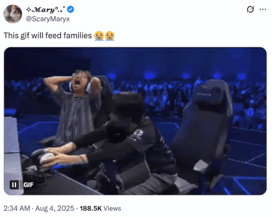 A "tweet":https://knowyourmeme.com/memes/sites/twitter-x using the Koji Evo 2025 Loss Reaction "GIF":https://knowyourmeme.com/memes/cultures/gif, reading, "This gif will feed families 😭😭."