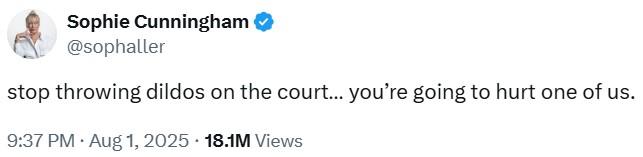 A tweet reading, "stop throwing dildos on the court… you’re going to hurt one of us." The tweet is by WNBA player Sophie Cunningham.