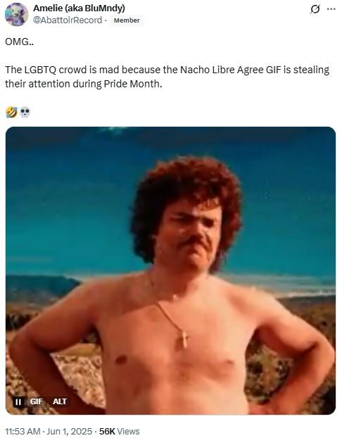The LGBTQ crowd is mad because the Nacho Libre Agree GIF is stealing their attention during Pride Month.