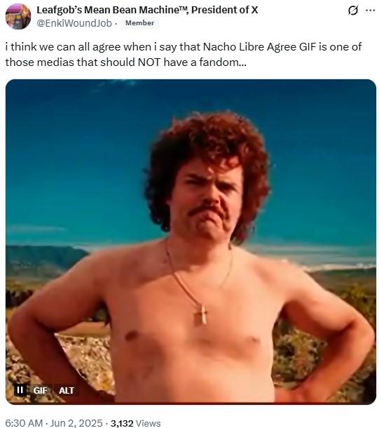 i think we can all agree when i say that Nacho Libre Agree GIF is one of those medias that should NOT have a fandom… A tweet reading, "i think we can all agree when i say that Nacho Libre Agree GIF is one of those medias that should NOT have a fandom…"