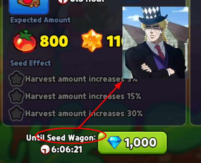 Expected Amount 800 11 Seed Effect Harvest amount increases 5% Harvest amount increases 15% Harvest amount increases 30% Until Seed Wagon: 16:06:21 1,000