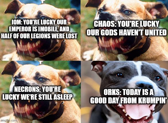 IOM: YOU'RE LUCKY OUR EMPEROR IS IMOBILE, AND HALF OF OUR LEGIONS WERE LOST CHAOS: YOU'RE LUCKY OUR GODS HAVEN'T UNITED NECRONS: YOU'RE LUCKY WE'RE STILL ASLEEP ORKS: TODAY IS A GOOD DAY FROM KRUMPIN' imgflip.com