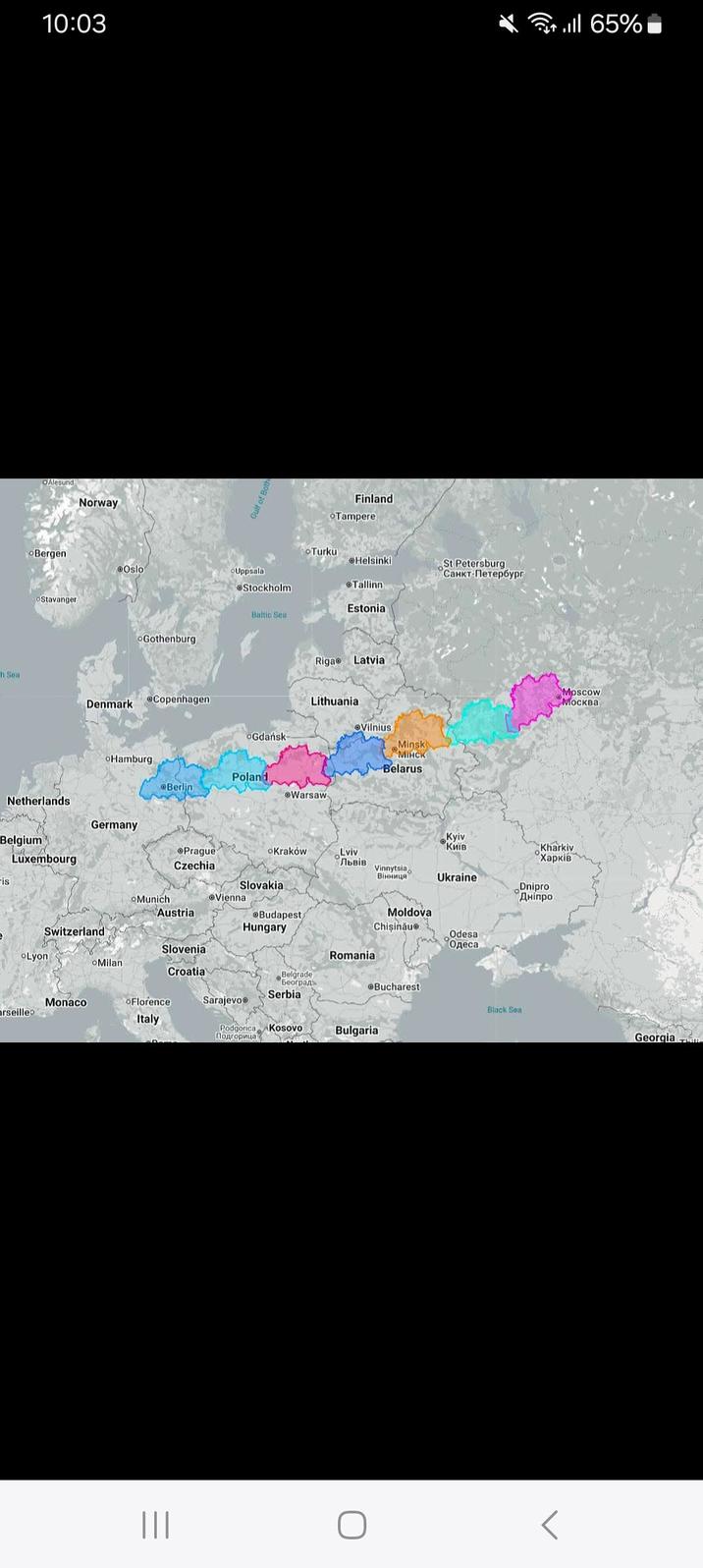 h Sea 10:03 ill 65% Alesund Norway If of Both Finland Tampere Bergen: Oslo Uppsala Turku Helsinki Stockholm Tallinn Stavanger Estonia Baltic Sea Gothenburg Riga Latvia Denmark Copenhagen Lithuania Vilnius Gdańsk Minsk "Мінск Hamburg Belarus Poland Berlin Warsaw Netherlands Germany Belgium Luxembourg Prague Czechia is Slovakia Munich Vienna Austria Switzerland Budapest Hungary Lyon Monaco arseille St Petersburg • Санкт-Петербург Kyiv "Київ oKraków Lviv "Львів Kharkiv Харків Vinnytsia Вінниця Ukraine Dnipro Дніпро Moscow Москва Moldova Chişinău Slovenia Odesa Одеса Romania Milan Croatia Belgrade "Београд» Serbia oFlorence Sarajevo® Italy Podgorica Kosovo Bulgaria Подгорица Bucharest Black Sea Georgia |||