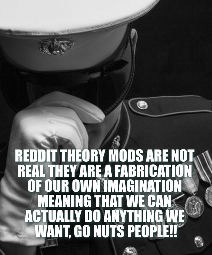 REDDIT THEORY MODS ARE NOT REAL THEY ARE A FABRICATION OF OUR OWN IMAGINATION MEANING THAT WE CAN ACTUALLY DO ANYTHING WE WANT, GO NUTS PEOPLE!!