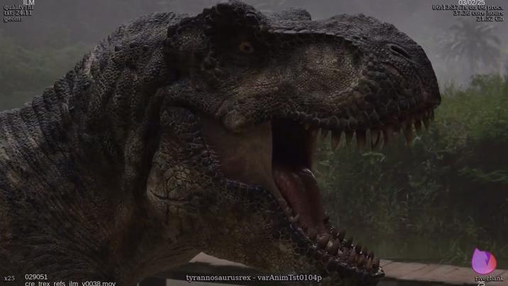 ILM quality; hi txt: 24.11 geom: 03/02/25 06:13:37.7s on 06 procs 37.36 core hours 21.52 Gb x25 029051 tyrannosaurusrex - varAnimTst0104p riverbank cre trex refs ilm v0038.mov 25