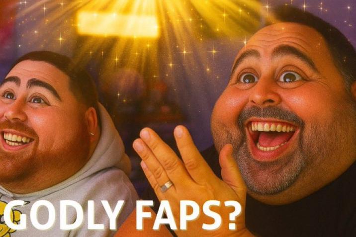 A "photoshopped":https://knowyourmeme.com/memes/sites/photoshop and "AI-generated image":https://knowyourmeme.com/memes/cultures/ai-art of "Twitch":https://knowyourmeme.com/memes/sites/twitch streamer LosPollosTV and his dad with text reading, "Godly Faps?"
