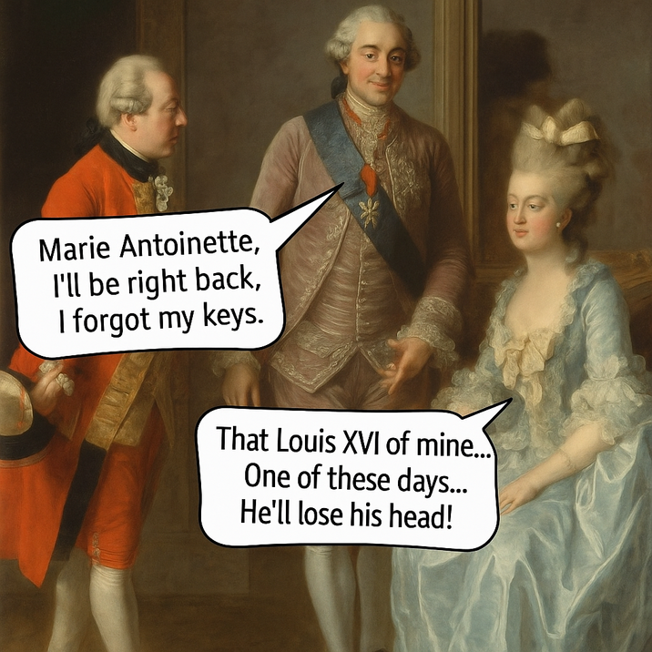 Marie Antoinette, I'll be right back, I forgot my keys. That Louis XVI of mine... One of these days... He'll lose his head!