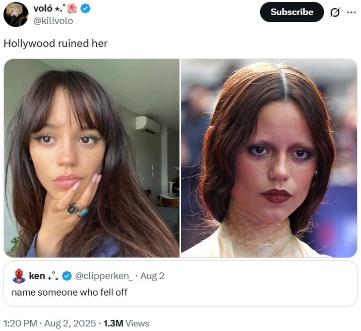 A tweet claiming Jenna Ortega fell off. The tweet also claims that Hollywood ruined her.
