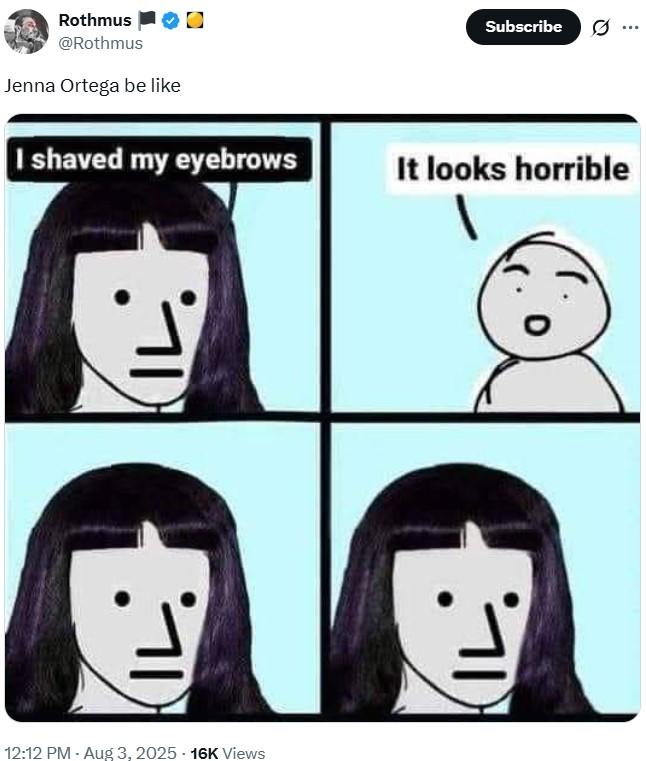 A meme about Jenna Ortega. The meme believes she shaved her eyebrow.