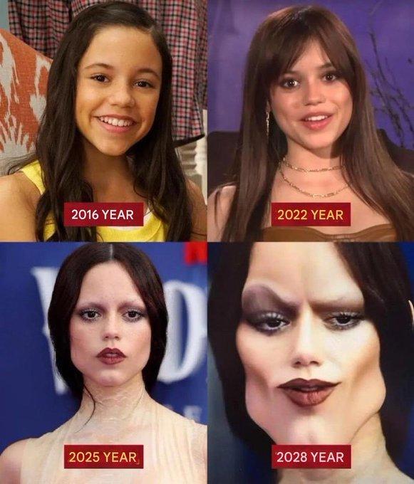A meme about Jenna Ortega's change in appearance over the years. The meme jokes about what she might look like in 2028.