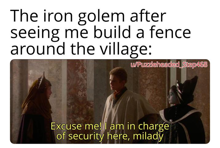 The iron golem after seeing me build a fence around the village: u/Puzzleheaded Step468 Excuse me! I am in charge of security here, milady