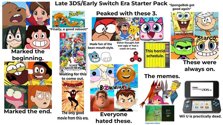 Late 3DS/Early Switch Era Starter Pack "SpongeBob got Disney DUCKTALLS Peaked with these 3. good again" "Finally, a good reboot!" α- SWITCH Marked the beginning. 00 m ESRB SUPER SMASH BROS ULTIMATE Waiting for this to come out. SPIDERA INTO THE SPIDER-VERSE ☑ Starco Made fun of the bean-mouth style. Either thought Ash was ugly or had a crash on Lana. 00 Disney Bizaardvark This horrid schedule. The memes. These were always on. new NINTENDO 2DS XL Marked the end. The only good movie from this era. Everyone hated these. important videos 311 VIDEOS Wii U is practically dead.