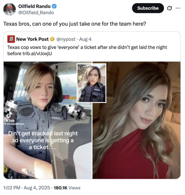 Texas bros, can one of you just take one for the team here? A "quote-tweet":https://knowyourmeme.com/memes/quote-retweets-qrts about the Jennifer Escalera "Didn’t Get Cracked Last Night So Everyone Is Getting a Ticket" "TikTok":https://knowyourmeme.com/memes/sites/tiktok, which sparked viral backlash in August 2025.