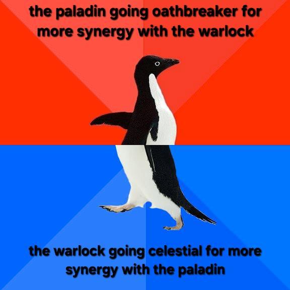 the paladin going oathbreaker for more synergy with the warlock the warlock going celestial for more synergy with the paladin