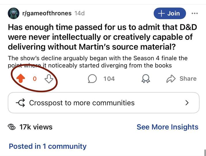 r/gameofthrones 14d + Join Has enough time passed for us to admit that D&D were never intellectually or creatively capable of delivering without Martin's source material? The show's decline arguably began with the Season 4 finale the point where it noticeably started diverging from the books ☐ 104 Crosspost to more communities Share > 17k views Posted in 1 community See More Insights