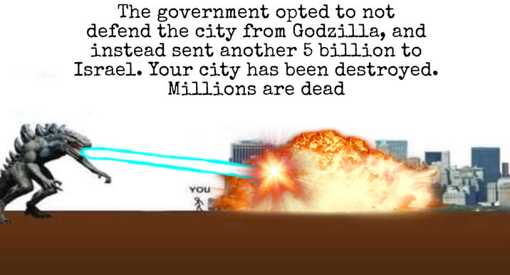 The government opted to not defend the city from Godzilla, and instead sent another 5 billion to Israel. Your city has been destroyed. Millions are dead YOU *
