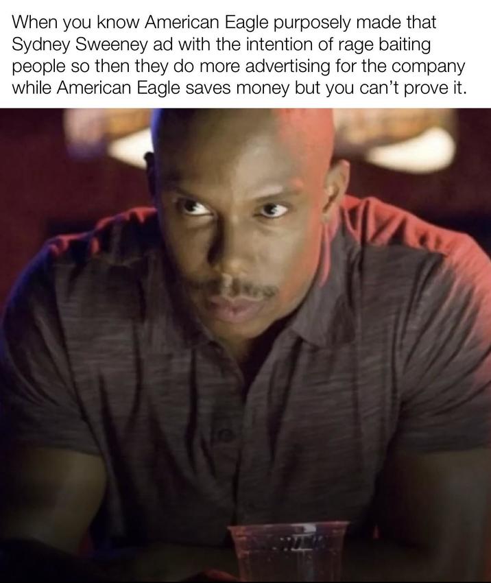 When you know American Eagle purposely made that Sydney Sweeney ad with the intention of rage baiting people so then they do more advertising for the company while American Eagle saves money but you can't prove it.
