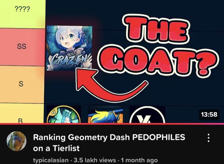 ???? SS S B CRAZEN THE COAT? V Ranking Geometry Dash PEDOPHILES on a Tierlist typicalasian 3.5 lakh views • 1 month ago 13:58