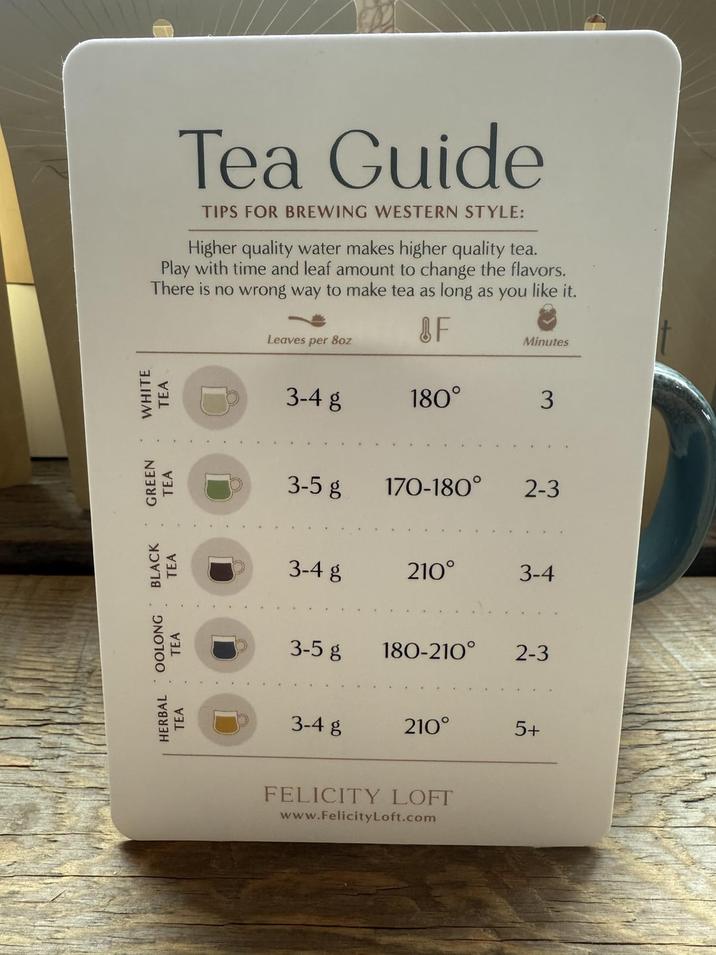 Tea Guide TIPS FOR BREWING WESTERN STYLE: Higher quality water makes higher quality tea. Play with time and leaf amount to change the flavors. There is no wrong way to make tea as long as you like it. HERBAL OOLONG BLACK GREEN WHITE TEA TEA TEA TEA TEA &F Leaves per 8oz Minutes 3-4 g 180° 3 3-5 g 170-180° 2-3 3-4 g 210° 3-4 3-5 g 180-210° 2-3 3-4 g 210° 5+ FELICITY LOFT www.FelicityLoft.com