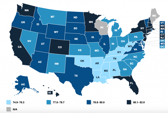 WA OR ID CA g NV AK 74.9-76.3 N/A ME MT ND MN VT NH SD WY WI NY MA RI CT IA PA NJ NE OH DE UT IN MD DC 8 CO KS VA MO KY NC TN OK AZ NM AR SC MS AL GA HI TX FL 77.0-78.7 78.8-80.0 80.1-82.0