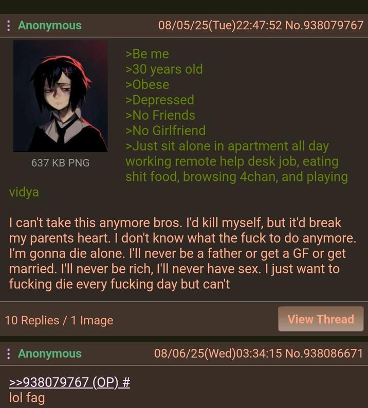 : Anonymous 637 KB PNG vidya 08/05/25(Tue)22:47:52 No.938079767 >Be me >30 years old >Obese >Depressed >No Friends >No Girlfriend >Just sit alone in apartment all day working remote help desk job, eating s--- food, browsing 4chan, and playing I can't take this anymore bros. I'd kill myself, but it'd break my parents heart. I don't know what the f--- to do anymore. I'm gonna die alone. I'll never be a father or get a GF or get married. I'll never be rich, I'll never have sex. I just want to f------ die every f------ day but can't 10 Replies / 1 Image : Anonymous >>938079767 (OP) # View Thread 08/06/25(Wed)03:34:15 No.938086671 lol f--