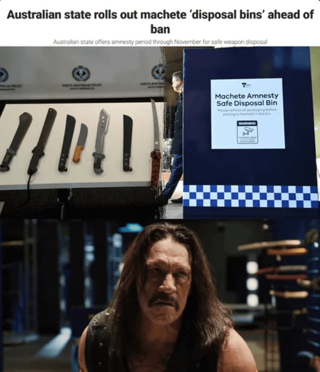 Australian state rolls out machete 'disposal bins' ahead of ban Australian state offers amnesty period through November for safe weapon disposal HIP Machete Amnesty Safe Disposal Bin Please remove all packaging before placing a mochete the b WARNING