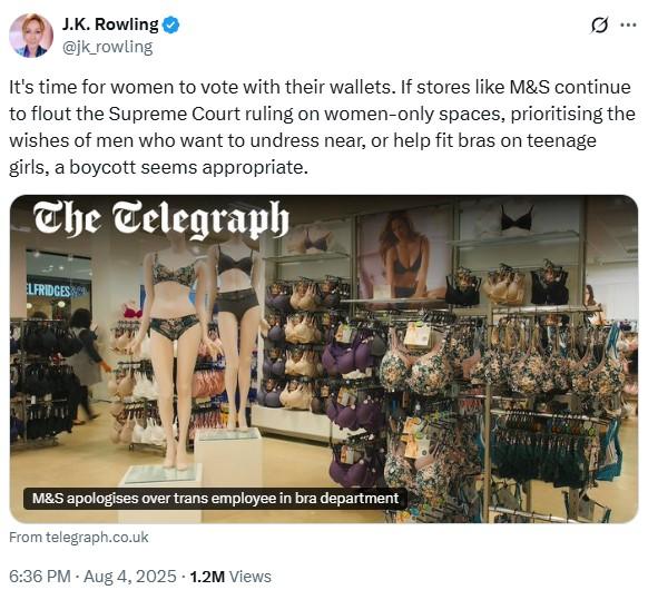 A tweet by J.K. Rowling. She calls for the boycott of M&S stores.