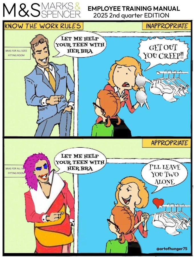 A meme about the Marks and Spencer trans employee controversy. The meme follows the "Hello Human Resources":https://knowyourmeme.com/memes/hello-human-resources format.