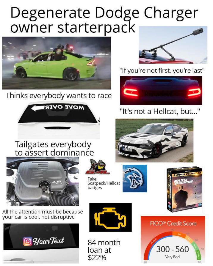 Degenerate Dodge Charger owner starterpack Thinks everybody wants to race ЯЗѴО ЗVOM "If you're not first, you're last" Ranadevil "It's not a Hellcat, but..." Tailgates everybody to assert dominance 3.6L VVT Fake Scatpack/Hellcat badges All the attention must be because your car is cool, not disruptive Your Text 84 month loan at $22% 300 9-MOVIE COLLECTION EAST& FURIOUS FICO® Credit Score Block 300-560 Very Bad 750