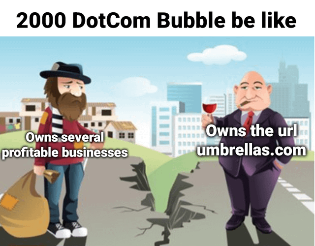 2000 DotCom Bubble be like Owns several profitable businesses Owns the url umbrellas.com