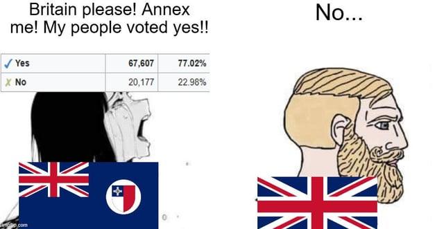 Britain please! Annex me! My people voted yes!! Yes X No 67,607 77.02% 20,177 22.98% mp.com No...