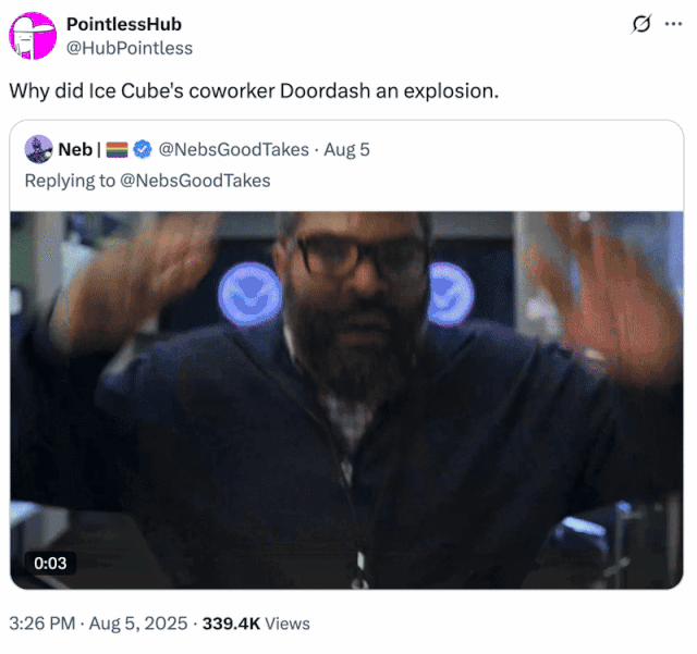 Why did Ice Cube's coworker Doordash an explosion. A "tweet":https://knowyourmeme.com/memes/sites/twitter-x joking about Ice Cube's performance in the 2025 _War of the Worlds_ film on "Amazon Prime Video":https://knowyourmeme.com/memes/sites/amazon.