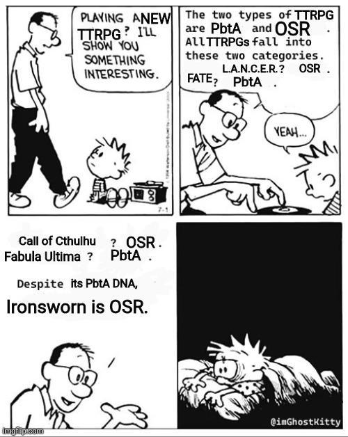 PLAYING ANEW TTRPG? I'LL SHOW YOU SOMETHING INTERESTING. The two types of TTRPG are PbtA and OSR ALL TTRPGs fall into these two categories. L.A.N.C.E.R.? OSR. FATE? PbtA. Call of Cthulhu Fabula Ultima ? ? OSR. PbtA. Despite its PbtA DNA, Ironsworn is OSR. imgflip.com YEAH... M @imGhostKitty
