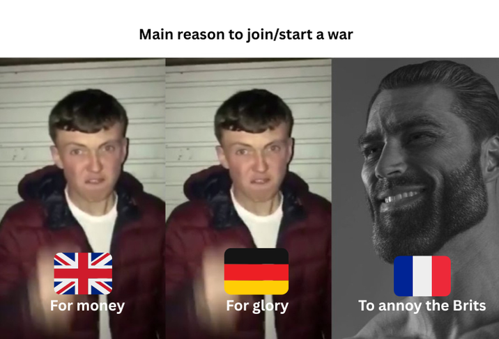 N Main reason to join/start a war . For money For glory To annoy the Brits