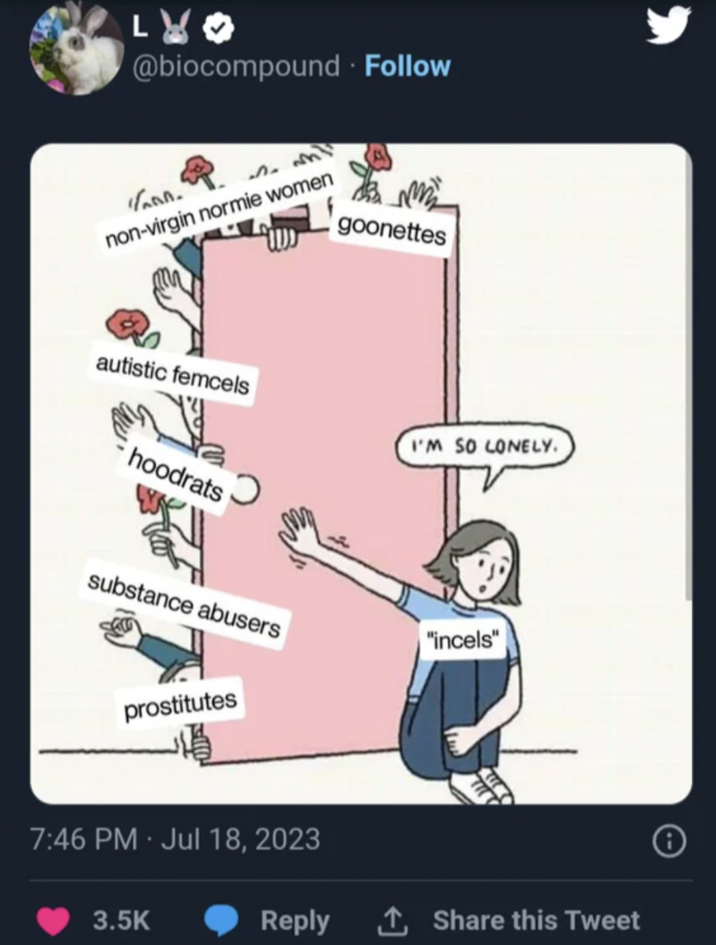 July 18th, 2023 tweet by @biocompound On July 18th, 2023, Twitter user @biocompound posted a meme joking about how incels were rejecting "hoodrats," "autistic femcels" and "goonnettes" among others to live a life of "forced" celibacy.