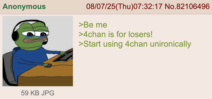Anonymous 08/07/25(Thu)07:32:17 No.82106496 >Be me >4chan is for losers! >Start using 4chan unironically 59 KB JPG