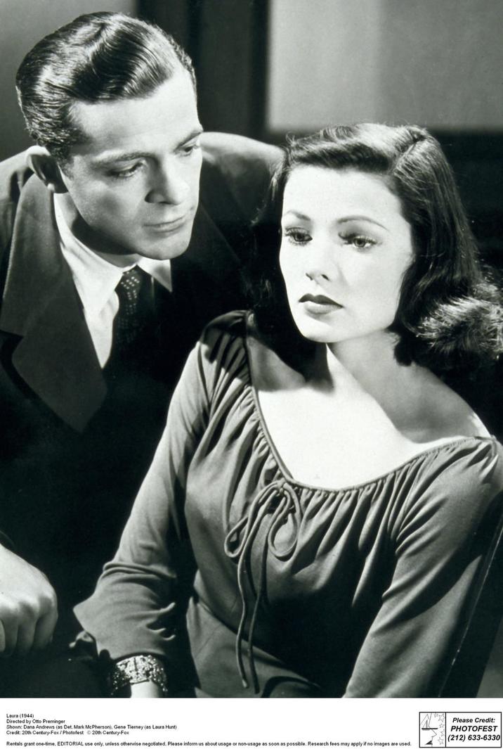 Laura (1944) Directed by Otto Preminger Shown: Dana Andrews (as Det. Mark McPherson), Gene Tierney (as Laura Hunt) Credit: 20th Century-Fox / Photofest 20th Century-Fox Rentals grant one-time, EDITORIAL use only, unless otherwise negotiated. Please inform us about usage or non-usage soon as possible. Research fees may apply if no images are used. Please Credit: PHOTOFEST (212) 633-6330