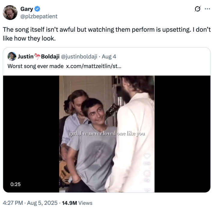 The song itself isn’t awful but watching them perform is upsetting. I don’t like how they look. A "quote-tweet":https://knowyourmeme.com/memes/quote-retweets-qrts about "Home" by Edward Sharpe and the Magnetic Zeros, seen singing, "Alabama, Arkansas," on an NPR Tiny Desk Concert in 2009.
