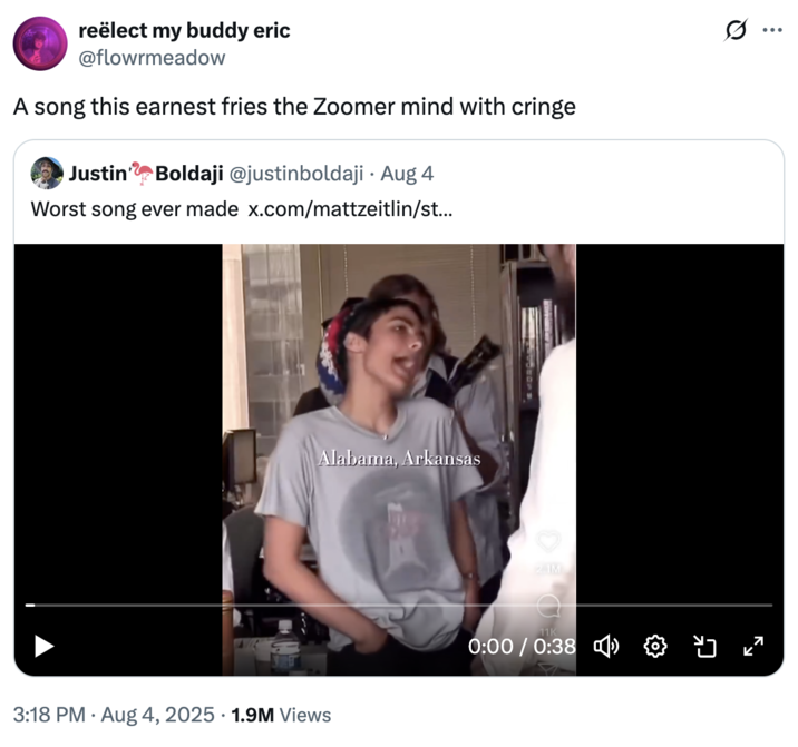 A song this earnest fries the Zoomer mind with cringe A "quote-tweet":https://knowyourmeme.com/memes/quote-retweets-qrts about "Home" by Edward Sharpe and the Magnetic Zeros, seen singing, "Alabama, Arkansas," on an NPR Tiny Desk Concert in 2009.