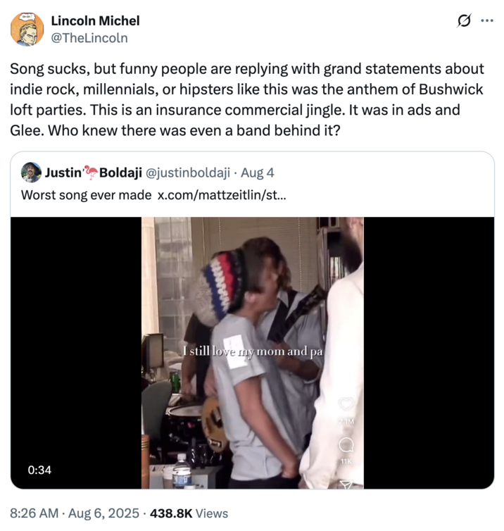 A "quote-tweet":https://knowyourmeme.com/memes/quote-retweets-qrts about "Home" by Edward Sharpe and the Magnetic Zeros, seen singing, "Alabama, Arkansas," on an NPR Tiny Desk Concert in 2009.