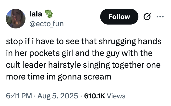 stop if i have to see that shrugging hands in her pockets girl and the guy with the cult leader hairstyle singing together on A "tweet":https://knowyourmeme.com/memes/sites/twitter-x about "Home" by Edward Sharpe and the Magnetic Zeros, seen singing, "Alabama, Arkansas," on an NPR Tiny Desk Concert in 2009.