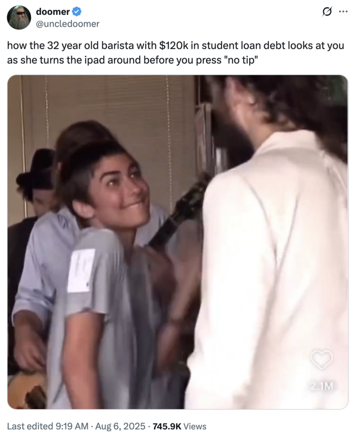 how the 32 year old barista with $120k in student loan debt looks at you as she turns the ipad around before you press "no ti A "tweet":https://knowyourmeme.com/memes/sites/twitter-x about "Home" by Edward Sharpe and the Magnetic Zeros, seen singing, "Alabama, Arkansas," on an NPR Tiny Desk Concert in 2009.