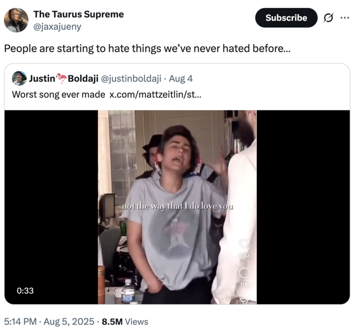 People are starting to hate things we’ve never hated before… A "quote-tweet":https://knowyourmeme.com/memes/quote-retweets-qrts about "Home" by Edward Sharpe and the Magnetic Zeros, seen singing, "Alabama, Arkansas," on an NPR Tiny Desk Concert in 2009.