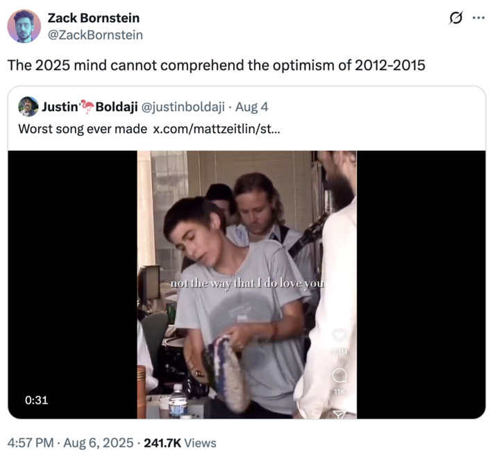 The 2025 mind cannot comprehend the optimism of 2012-2015 A "quote-tweet":https://knowyourmeme.com/memes/quote-retweets-qrts about "Home" by Edward Sharpe and the Magnetic Zeros, seen singing, "Alabama, Arkansas," on an NPR Tiny Desk Concert in 2009.