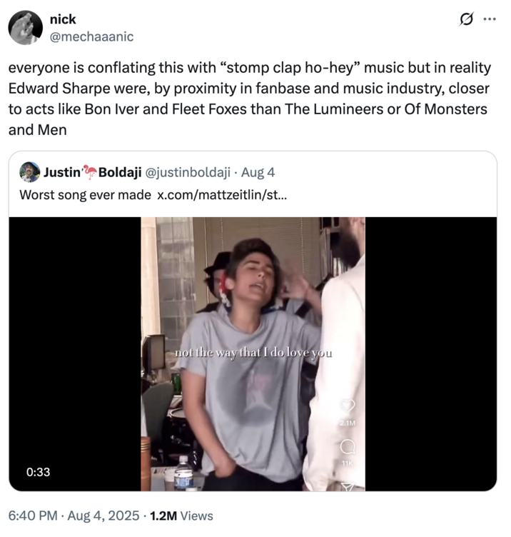 everyone is conflating this with “stomp clap ho-hey” music but in reality Edward Sharpe were, by proximity in fanbase and mus A "quote-tweet":https://knowyourmeme.com/memes/quote-retweets-qrts about "Home" by Edward Sharpe and the Magnetic Zeros, seen singing, "Alabama, Arkansas," on an NPR Tiny Desk Concert in 2009.