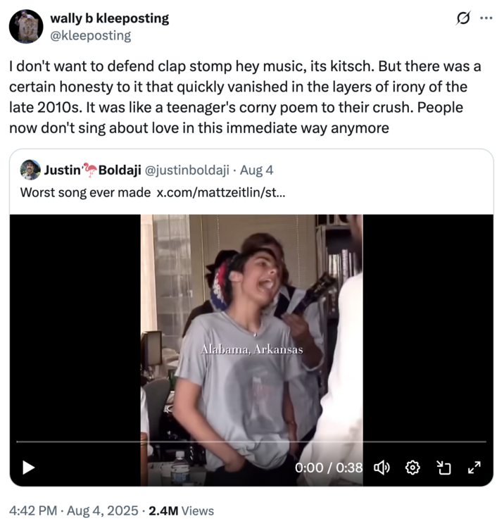 I don't want to defend clap stomp hey music, its kitsch. But there was a certain honesty to it that quickly vanished in the l A "quote-tweet":https://knowyourmeme.com/memes/quote-retweets-qrts about "Home" by Edward Sharpe and the Magnetic Zeros, seen singing, "Alabama, Arkansas," on an NPR Tiny Desk Concert in 2009.